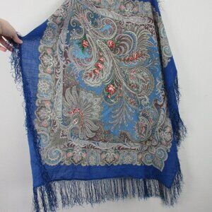 Platki 100% Wool w/ Silk Fringe Shawl Scarf Women OS Blue Paisley Warm 116